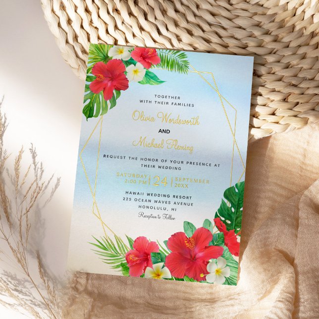 Tropical Floral Beach Gold Foil Wedding Folieneinladung (Von Creator hochgeladen)