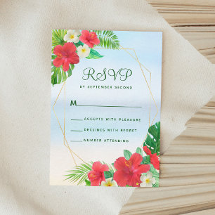 Tropical Floral Beach Gold Wedding RSVP Karte