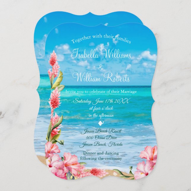 Tropical Floral Beach Hochzeit Einladung (Vorne/Hinten)