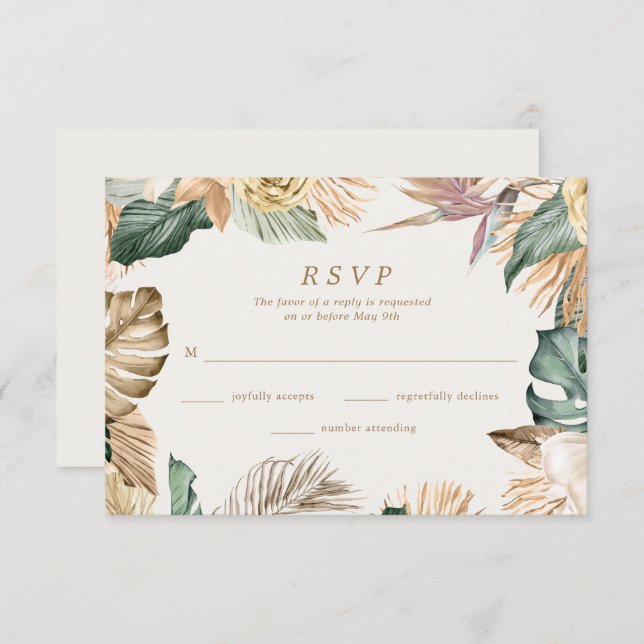 Tropical Floral Beach Hochzeit in Urlaubsort RSVP Karte (Vorne/Hinten)