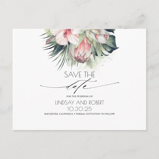 Tropical Floral Beach Hochzeit Save the Date Ankündigungspostkarte (Vorderseite)
