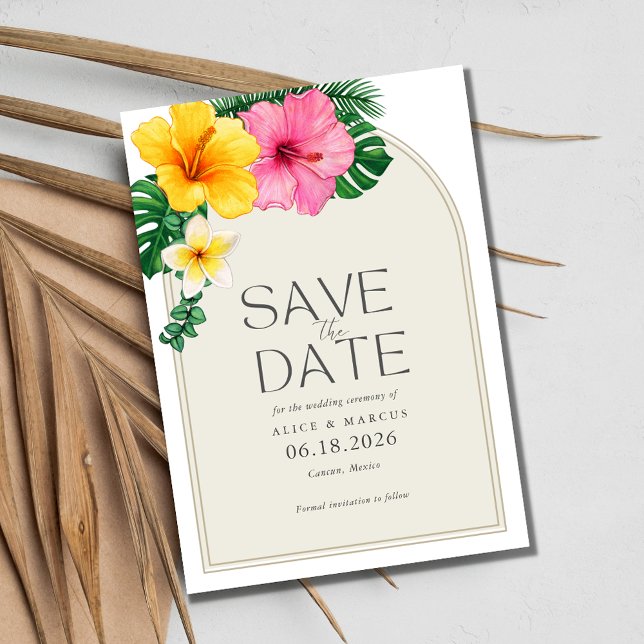Tropical Floral Beach Hochzeit Save the Date Ankündigungspostkarte (Tropical Floral Beach Wedding Save the Date Postcard)