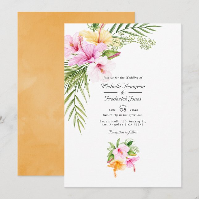 Tropical Floral Beach QR Code UAWG Wedding Einladung (Vorne/Hinten)