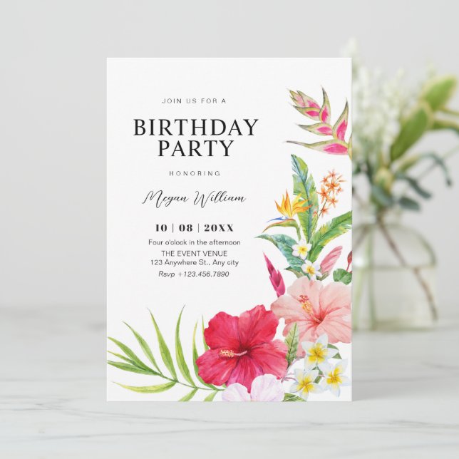 Tropical floral birthday einladung (Stehend Vorderseite)