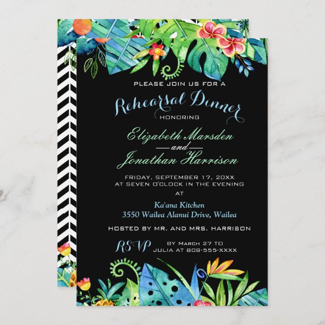 Tropical Floral Black Probe Dinner Einladung (Vorne/Hinten)