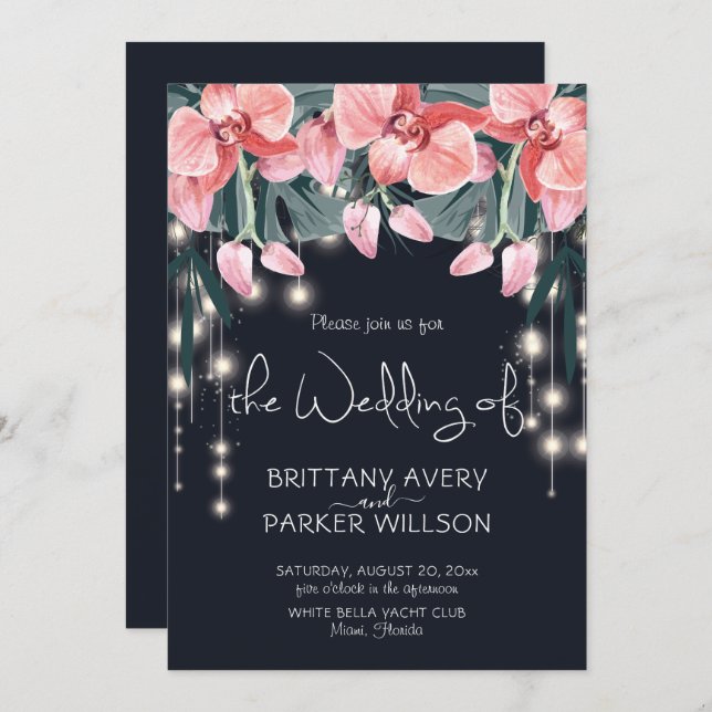 Tropical Floral Blue Wedding Einladung (Vorne/Hinten)