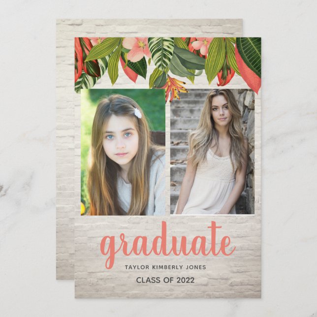 Tropical Floral Brick Abschluss Foto Einladung (Vorne/Hinten)