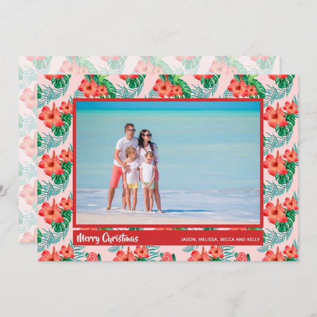 Tropical Floral Christmas Foto Feiertagskarte (Vorne/Hinten)