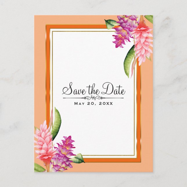 Tropical Floral Coral Orange & Gold Save the Date Ankündigungspostkarte (Vorderseite)