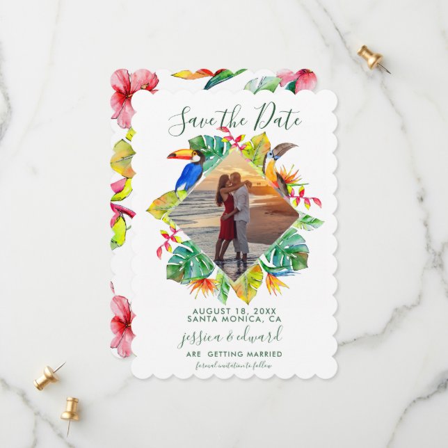 Tropical Floral Diamond Wreath Hawaii Foto Save The Date (Vorderseite/Rückseite Beispiel)