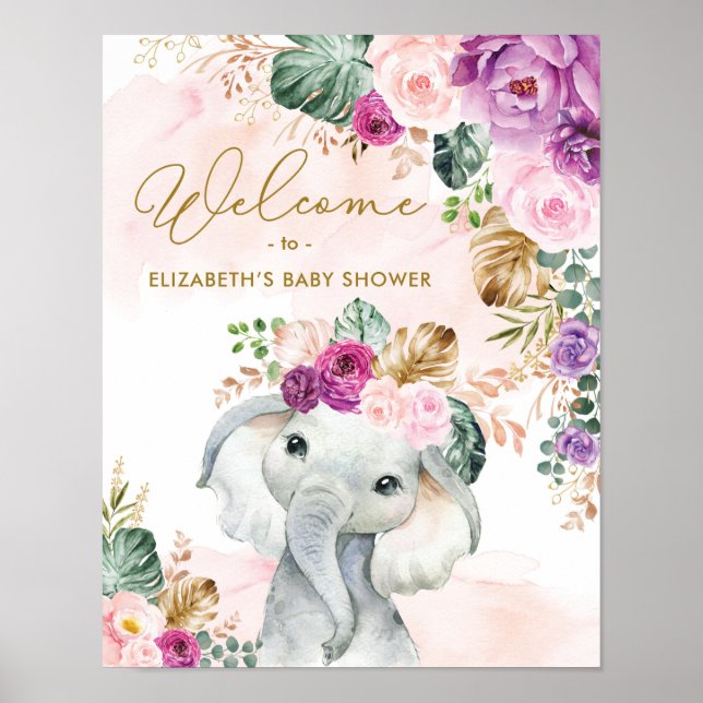 Tropical Floral Elephant Baby Dusche Empfang Poster (Vorne)