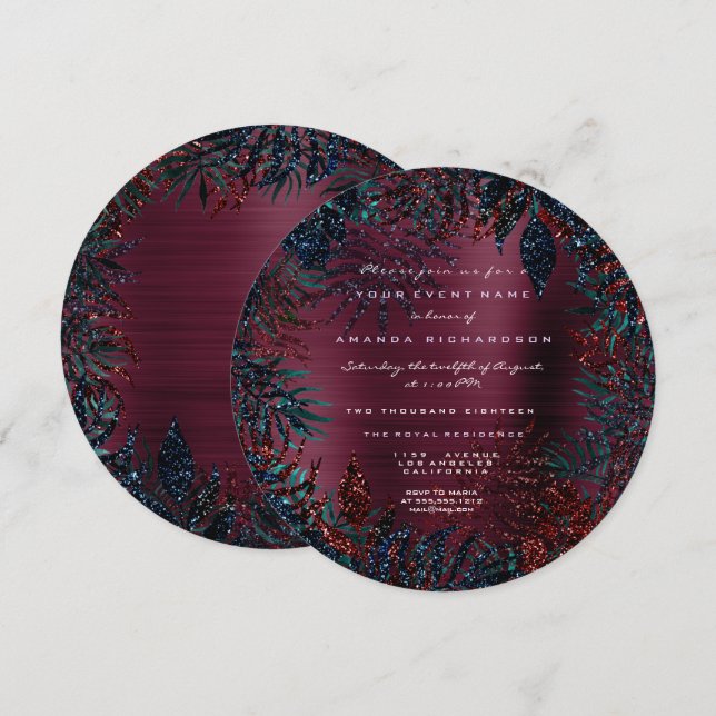 Tropical Floral Fern Blätter Gerahmt Burgund Glitz Einladung (Vorne/Hinten)