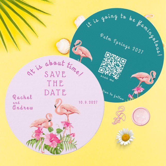 Tropical Floral Flamingo Bold Pink Green Wedding Save The Date (Tropical Floral Flamingo Bold Pink Green Wedding Save The Date)