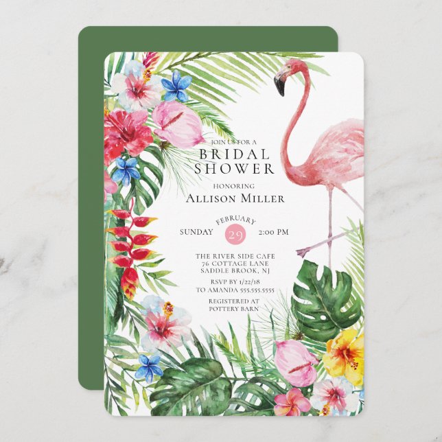 Tropical Floral Flamingo Bridal Dusche Einladung (Vorne/Hinten)