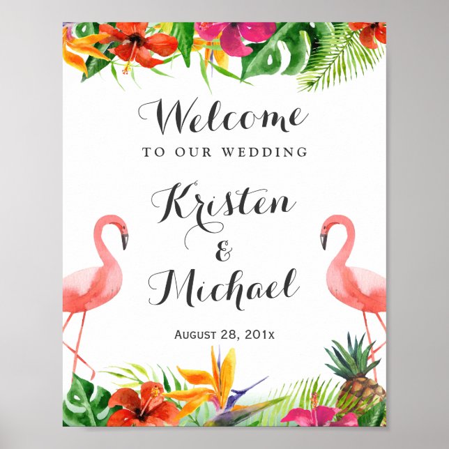 Tropical Floral Flamingo Couple Luau Wedding Sign Poster (Vorne)