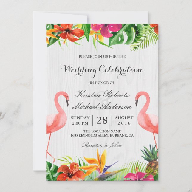 Tropical floral Flamingo Couple Wedding Einladung (Vorderseite)