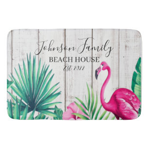 Tropical Floral Flamingo Familienname Beach House  Badematte