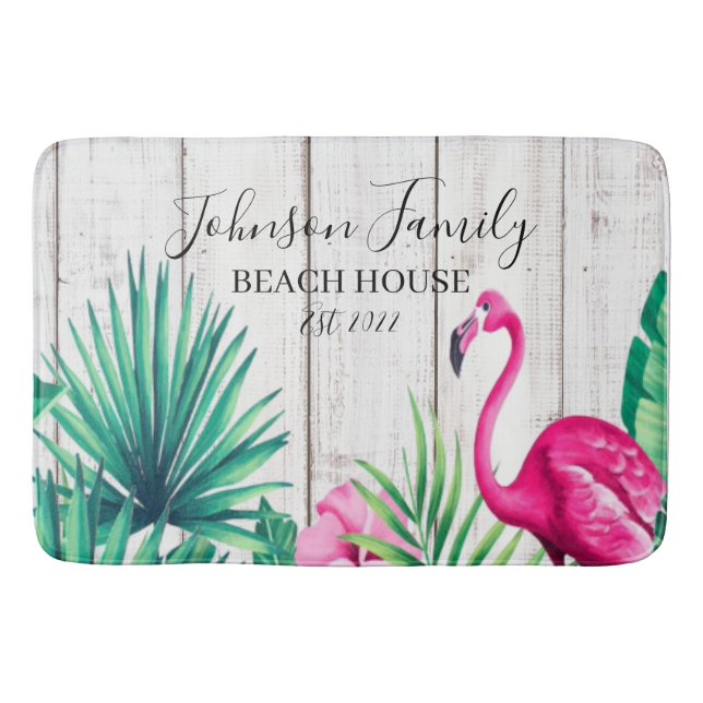 Tropical Floral Flamingo Familienname Beach House  Badematte (Vorderseite)