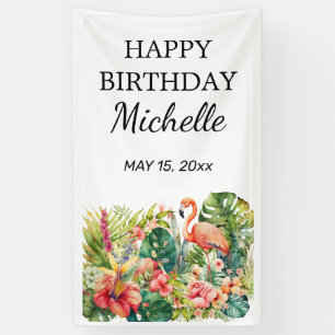 Tropical Floral Flamingo Happy Birthday Name Banner