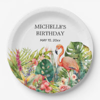 Tropical Floral Flamingo Happy Birthday Name