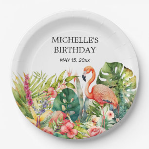 Tropical Floral Flamingo Happy Birthday Name Pappteller