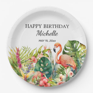 Tropical Floral Flamingo Happy Birthday Name Pappteller
