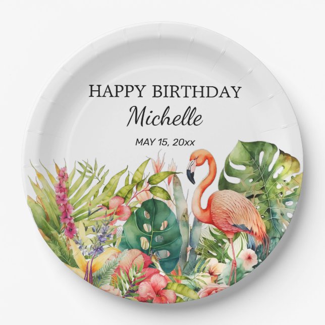 Tropical Floral Flamingo Happy Birthday Name Pappteller (Vorderseite)
