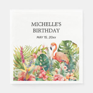 Tropical Floral Flamingo Happy Birthday Name Serviette