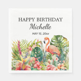 Tropical Floral Flamingo Happy Birthday Name Serviette