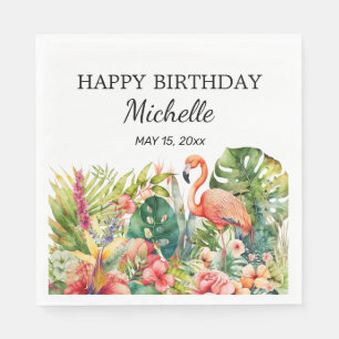 Tropical Floral Flamingo Happy Birthday Name Serviette