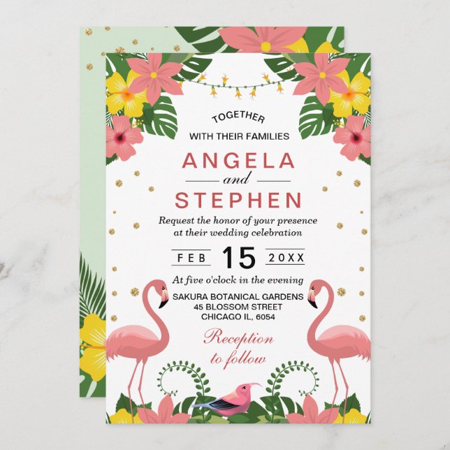 Tropical Floral Flamingo Summer Wedding Einladung (Vorne/Hinten)