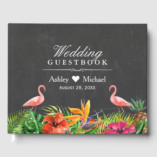 Tropical Floral Flamingos Chalkboard Wedding Gästebuch (Vorderseite)