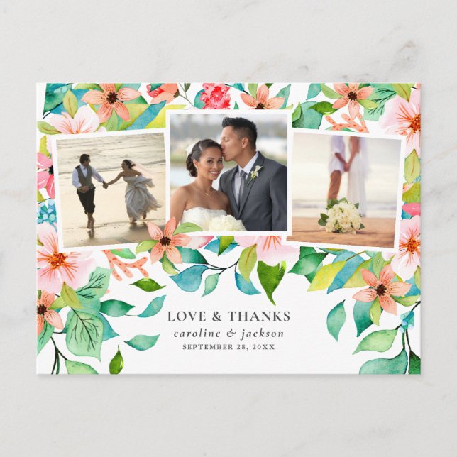 Tropical Floral Foto Collage Hochzeit Vielen Dank Postkarte (Vorderseite)