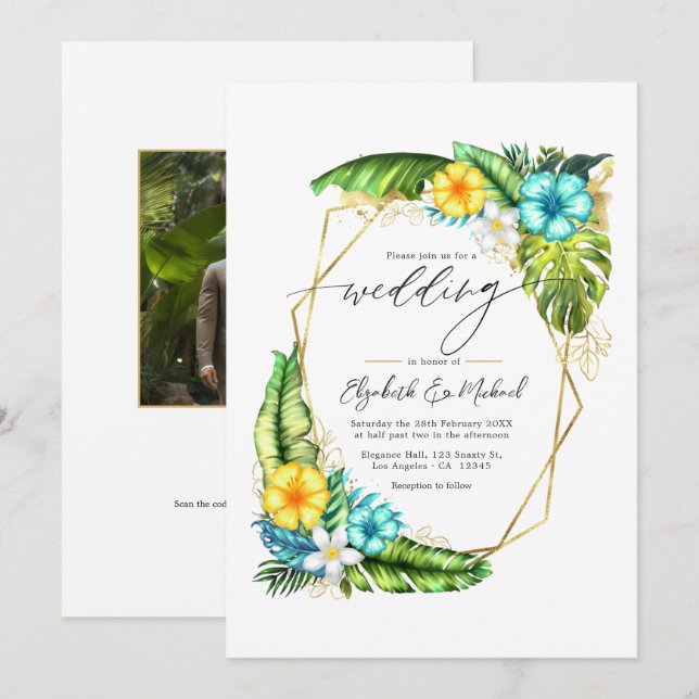 Tropical Floral Geometric Wedding Foto & QR Code Einladung (Vorne/Hinten)