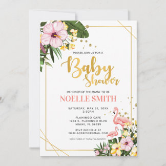 Tropical Floral Gold Flamingo Baby Dusche Einladung