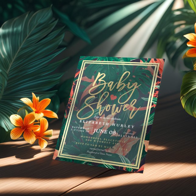 Tropical Floral Gold Frame Hawaiian Baby Dusche Einladung (Von Creator hochgeladen)