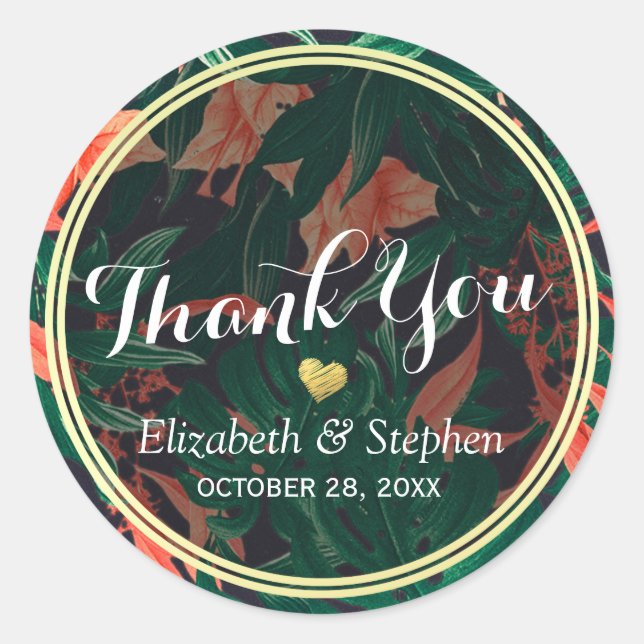 Tropical Floral Gold Rahmen Hochzeit Vielen Dank Runder Aufkleber (Vorderseite)