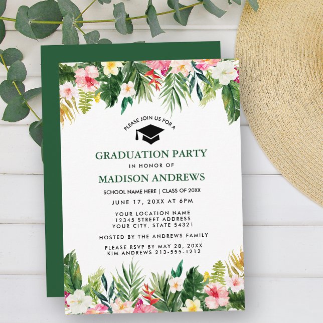 Tropical Floral Green Graduation Party Einladung (Customize to change text color, style, add text & photos to back or change color of back of card.)