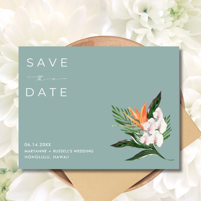 Tropical Floral Hawaii Hochzeit retten das Datum Ankündigungspostkarte (Tropical Floral Hawaii Wedding Save the Date Postcard)