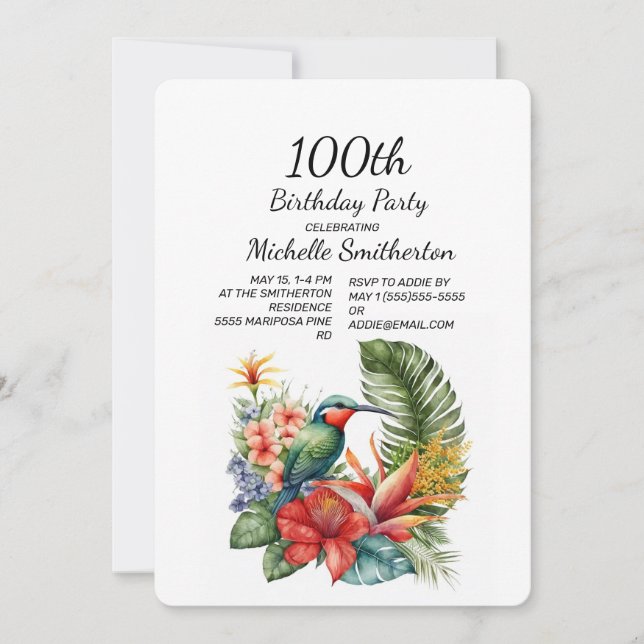 Tropical Floral Hummingbird 100. Geburtstag Einladung (Vorderseite)