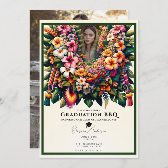 Tropical Floral Lei Abschluss Foto GRILLEN Party Einladung (Vorne/Hinten)