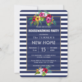 Tropical Floral Luau Navy Blue Housewarming Party Einladung