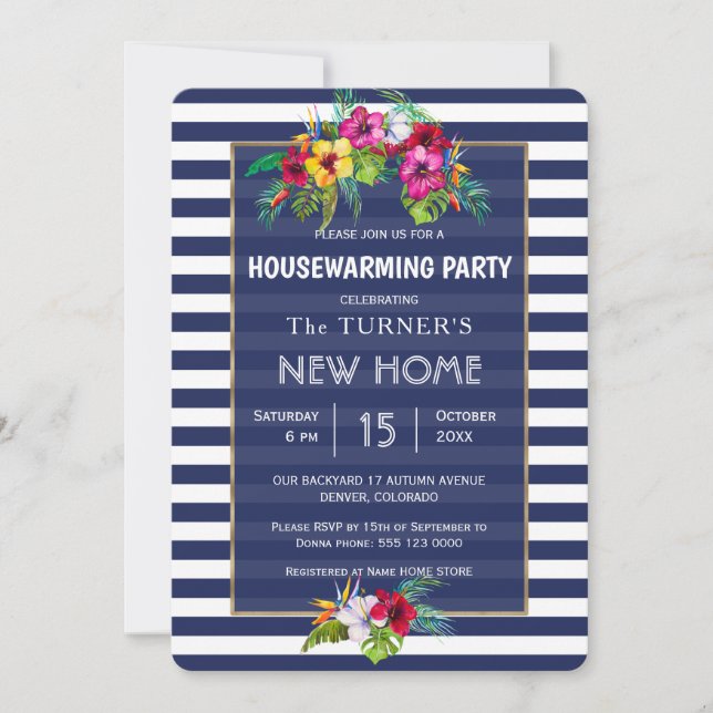 Tropical Floral Luau Navy Blue Housewarming Party Einladung (Vorderseite)
