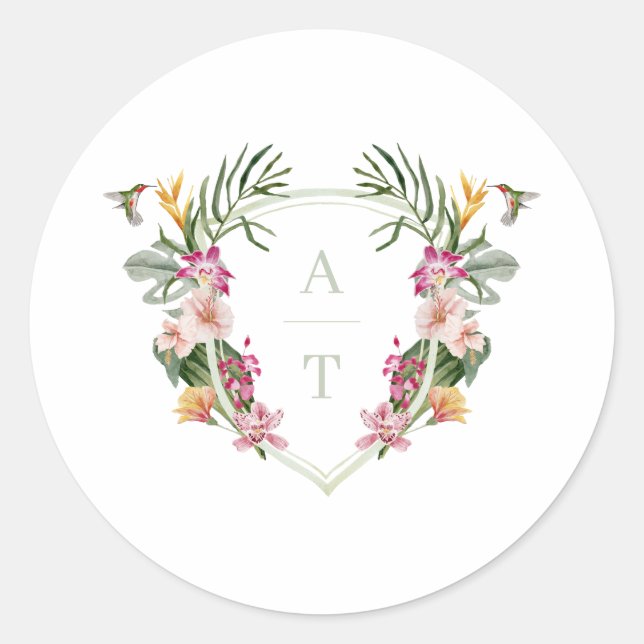 Tropical Floral Monogram Wedding Runder Aufkleber (Vorderseite)