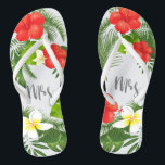 Tropical Floral Mrs. Bride ID475 Flip Flops<br><div class="desc">Erschaffen Sie besondere Flipflops für die Braut mit diesem schönen Design mit üppigem tropischem Blattwerk und farbenfrohen Blumenakzenten. Das auffällige 'mrs' Skript ist optional und kann gelöscht werden, um die Vorlage für andere Anlässe zu verwenden. Suchen Sie nach ID475, um weitere Produkte mit diesem Design zu sehen, inklusive der passenden...</div>