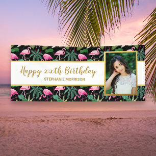 Tropical Floral Palm Leaf Flamingo Birthday Foto Banner