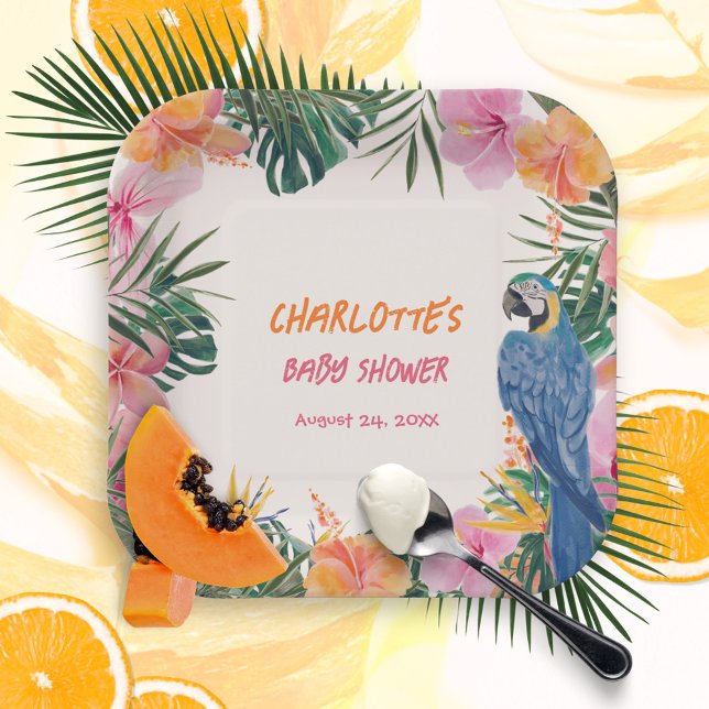 Tropical Floral Parrot Watercolor Babydusche Pappteller (Tropical Floral Parrot Watercolor Baby Shower Paper Plates ©Susanne Sachers - Sunny Mind 🌞)