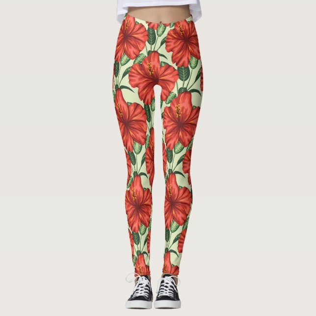 Tropical floral seamless pattern red flowers leggings (Vorderseite)