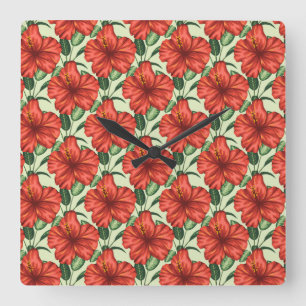 Tropical floral seamless pattern red flowers quadratische wanduhr
