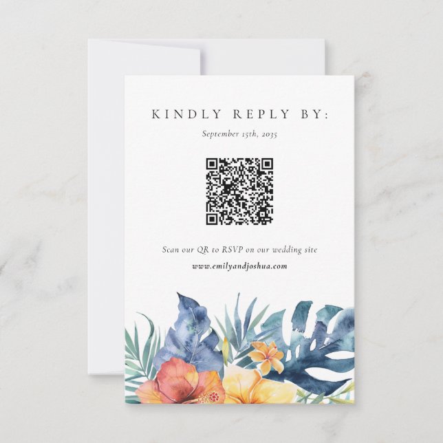 Tropical Floral Summer QR Code Wedding RSVP Karte (Vorderseite)